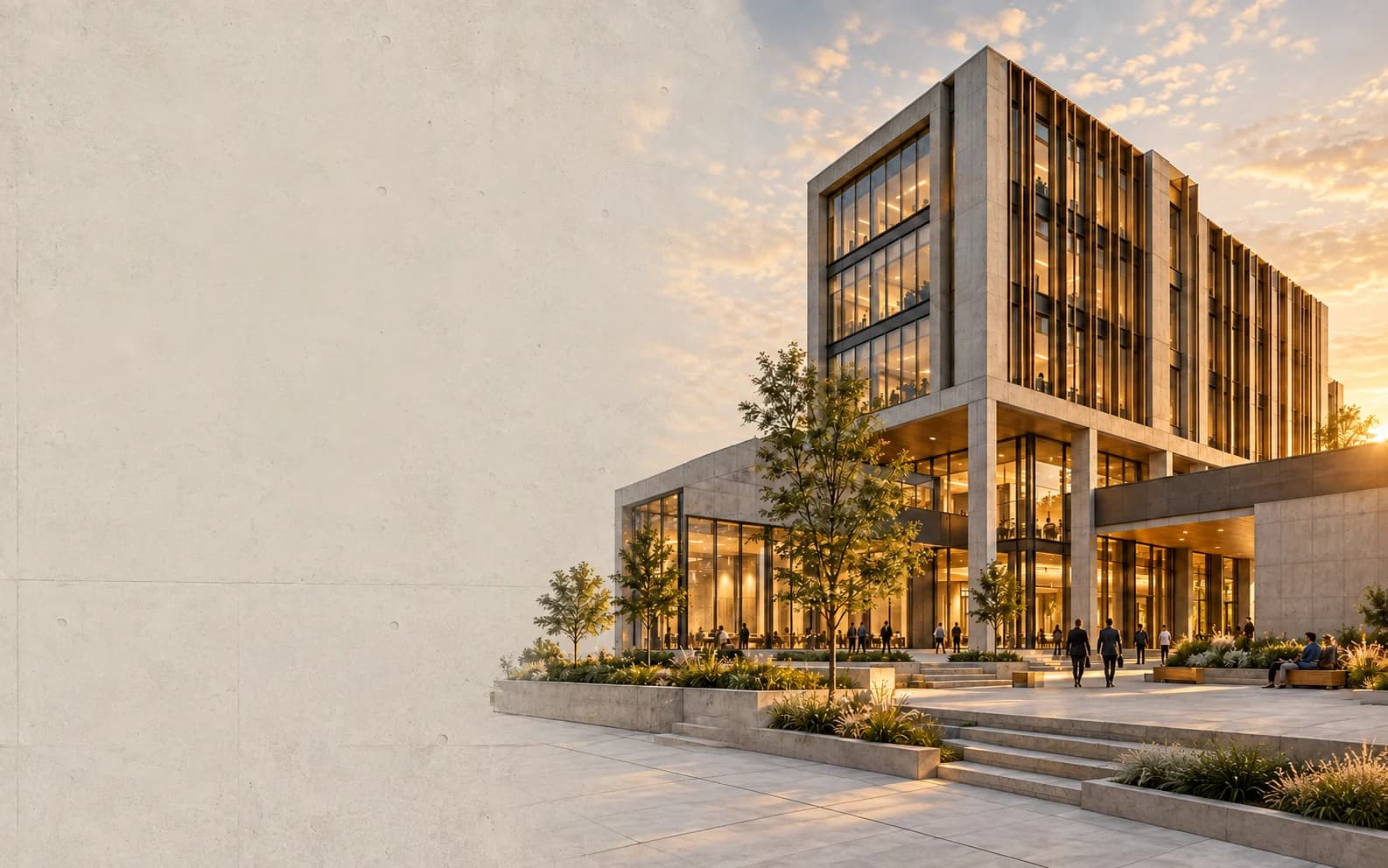 Architectural concept of a commercial and civic building with concrete columns, bronze fins, and a public plaza in golden afternoon light